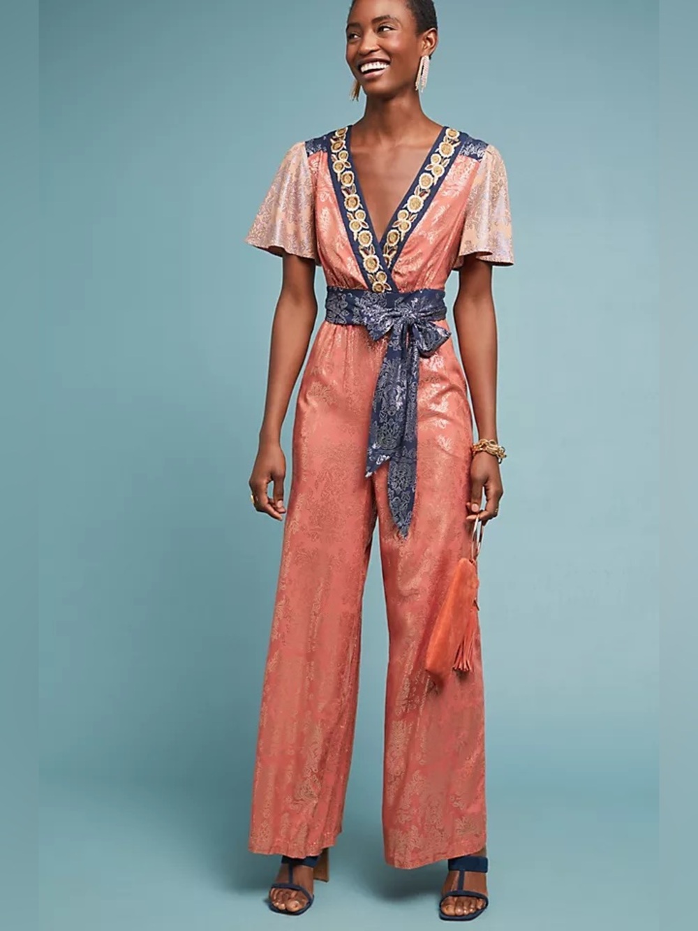 Anthropologie Akemi +Kin Sofia Metallic Jumpsuit Sz 4/Pink & Blue